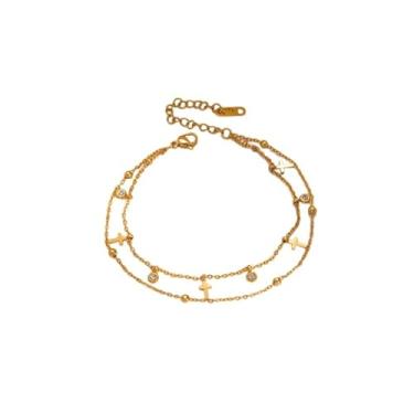 Imagem de Pulseira feminina com strass e borla em camadas, delicada, empilhável, ajustável, de aço inoxidável, moderna, corrente minúscula, pingente religioso, religioso, fé, aniversário, batismo, joias