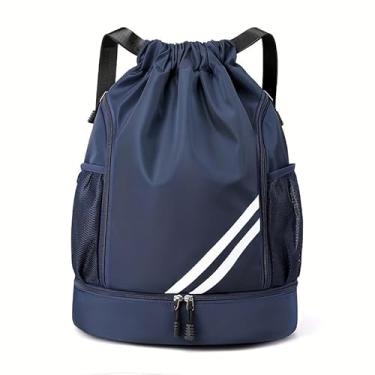 Imagem de Mochila esportiva com cordão, mochila esportiva com cordão à prova d'água, bolsa de natação com compartimento para sapatos, bolsa esportiva para futebol e basquete, para mulheres e homens, azul