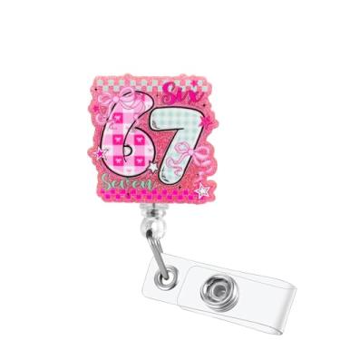 Imagem de Bedocia Carretel de crachá fofo para Dia dos Namorados – Porta-cartão de identificação retrátil com design de laço rosa Six Seven para enfermeira, professora, RN, estudantes, policiais, funcionários