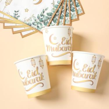 Imagem de 8 peças de copos de papel Eid Mubarak, copos descartáveis muçulmanos em ouro branco a granel com padrão de letras douradas, bebidas resistentes, chávenas de chá, utensílios de mesa para decoração para