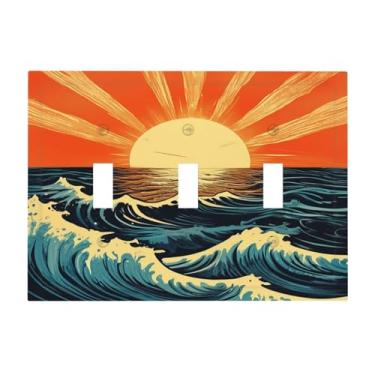 Imagem de Nadoabtm Placa decorativa para interruptor de luz retrô pôr do sol onda do oceano 3 gangues placa de interruptor capa de tomada elétrica interruptor triplo para quarto decoração de casa