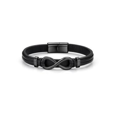 Imagem de Zysta Pulseira masculina de couro infinito com fecho de aço inoxidável, pulseira preta de couro legítimo, símbolo do amor infinito, joias de aniversário Love You Forever, Medium, Sem Pedra Preciosa