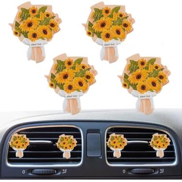 Imagem de 4 peças mini buquê de flores secas artificiais aromatizador de ar de carro, clipe de ventilação de carro decoração de interiores de carro, acessórios de ventilação para meninas e mulheres (girassol)
