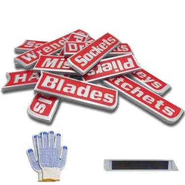 Imagem de Pacote com 12 etiquetas magnéticas para caixa de ferramentas com luvas grátis | Conjunto organizador de ferramentas impresso em 3D atualizado 2026 | Adesivos reutilizáveis de gaveta e etiqueta de