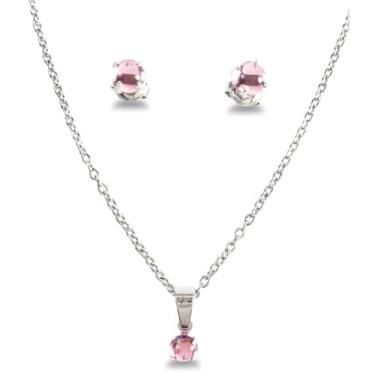 Imagem de Conjunto Feminino Colar e Brinco Aço Inox com Ponto de Luz Pedra da Lua Cores Rosa, Azul, Verde e Vermelho Antialérgico (Rosa)