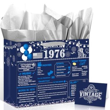 Imagem de Woosytoo Bolsa de presente de aniversário de 50 anos vintage Back in 1976 com cartão de felicitações azul prata 50º aniversário saco de papel de embrulho para mulheres homens 50 anos de idade artigos