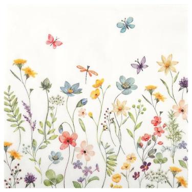 Imagem de 100 guardanapos de papel de flores silvestres folhas florais borboleta almoço festa guardanapo 16,5 cm primavera verão flores bebida toalha de mão para chá de bebê nupcial jardim chá de festa
