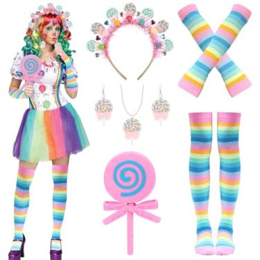 Imagem de 9 peças acessórios de fantasia Candyland faixa de cabeça doce arco-íris colar pirulito brincos jombo luvas de mão meia-calça para mulheres Dia de Galentine Dia dos Namorados tema doces acessórios