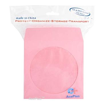 Imagem de AcePlus 100 capas de papel rosa para CD/DVDs - Envelopes de peso premium de 100 g com janela transparente e aba, perfeito para organizar e armazenar discos