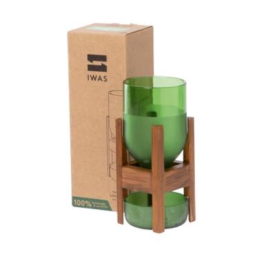 Imagem de IWAS Plantador de madeira teca reciclada | Pilo Low Green | 17 cm de altura | Suporte de vaso de plantas de interior sustentável com base de madeira de teca | Decoração de casa ecológica e feita à mão