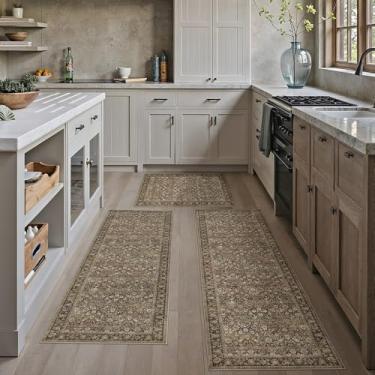 Imagem de HUGEAR Conjunto de tapetes de cozinha marrons de 3 peças 51 x 81 x 122 x 128 x 159 cm, floral, vintage, lavável, tapetes de cozinha, tapetes antiderrapantes para corredor, lavanderia, pia e banheiro