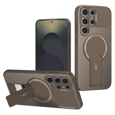 Imagem de LTLMYDAM Capa com suporte para Samsung Galaxy S26 Ultra/S26 Plus/S26, capa magnética de proteção para câmera, textura de fibra de carbono, capa fina, latão, S26 Plus