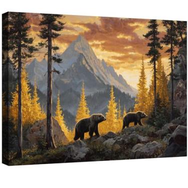 Imagem de Halioyo Decoração de cabine rústica arte de parede de urso, decoração de parede em tela de fazenda, pintura moderna de cenário de nascer do sol de montanha para sala de estar, quarto, escritório