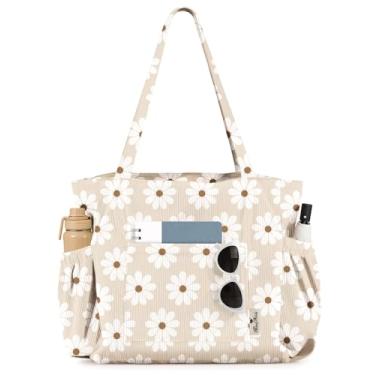 Imagem de Miss Adola Bolsa feminina fofa de veludo cotelê - Bolsa de ombro com vários bolsos de grande capacidade com zíper para trabalho, viagens e compras, margarida branca