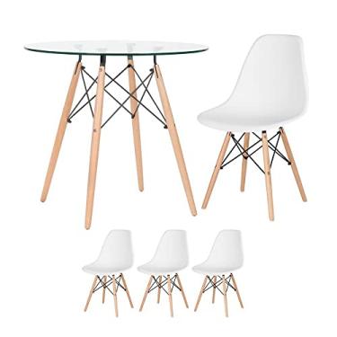 Imagem de Loft7, Kit Mesa Eames com tampo de vidro 80 cm + 3 cadeiras Eiffel Dsw Branco
