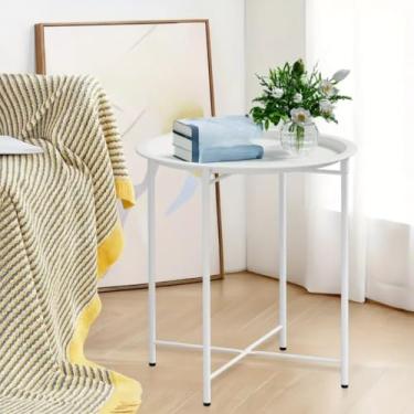Imagem de Mesinha Lateral Redonda para Sala 47x47x50cm - Pés de Metal com Bandeja Removível, Prática para Apoio em Cantos e Sofá (Branco)