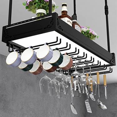 Imagem de Prateleira de vinho rústica montada no teto com suporte de vidro e barra suspensa ajustável leve suporte de garrafa de teto prateleira de armazenamento para bar cozinha