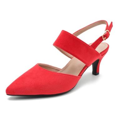 Imagem de Eugisy Sapato feminino com salto gatinho, bico fino, tira no tornozelo, confortável, elegante, vestido de festa de casamento, Vermelho, 39