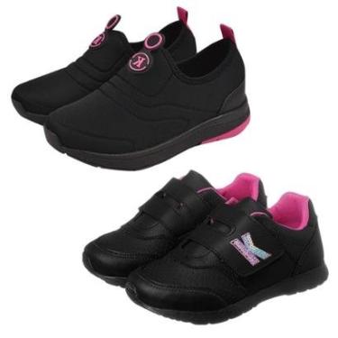 Imagem de Kit 2 Pares Tênis Infantil Menina Escolar Preto Pink e Calce Fácil Preto Pink Kidstep-Feminino