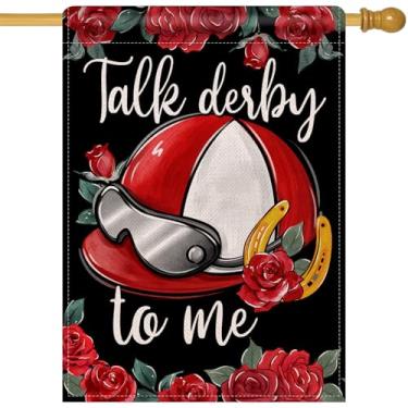 Imagem de Artofy Kentucky Capacete Grande Bandeira Decorativa Casa, Talk Derby To Me Roses Churchill Downs Yard Garden Outside Decor, Horseshoe Horseshoe Burlap Outdoor Home Decoration Dupla Face 28 x 40