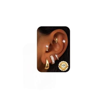 Imagem de FUNRUN JEWELYR Brincos de argola pequenos banhados a ouro 14K para mulheres, hipoalergênicos, cirúrgicos, de aço inoxidável, grossos, para piercings múltiplos, brincos de cartilagem na moda, Aço