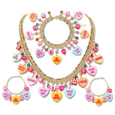 Imagem de PHALIN Colar de Dia dos Namorados Brincos para Mulheres LOVE XOXO Conversation Candy Heart Pingente Brincos Pulseira, Acessórios de Joias de Dia dos Namorados Presentes para Ela, One Size, Liga de aço