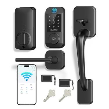 Imagem de Conjunto de fechadura inteligente da porta da frente – Fechaduras WiFi HEANTLE para porta da frente fechadura de entrada sem chave com alça fechadura eletrônica inteligente de impressão digital, WiFi