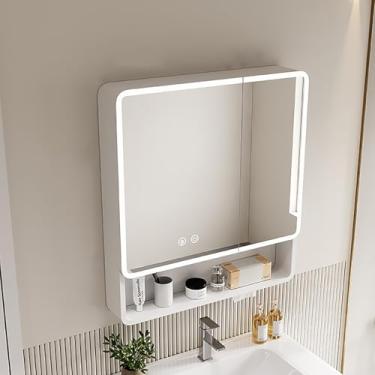 Imagem de Armário de banheiro moderno inteligente de 69,8 cm com luzes, espelho antiembaçamento e prateleira de armazenamento montada na parede – Design branco elegante para luxo organizado