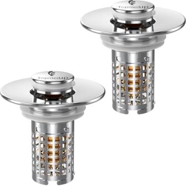 Imagem de Tampa de pia coletora de cabelo, coador de ralo de pia pop-up com filtro de aço inoxidável removível, coletor de cabelo, filtro de pia de banheiro para rolha de pia de banheiro (2 peças)