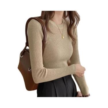 Imagem de Suéter Feminino Quente De Tricô Gola O Ajustado Manga Longa Casual Bás