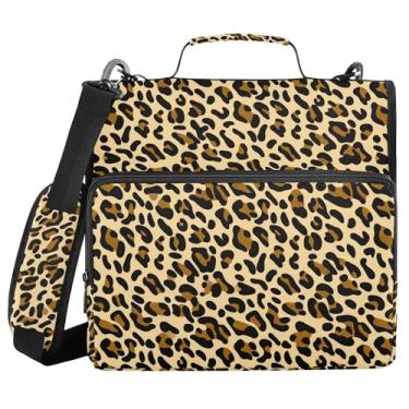 Imagem de SEHANY Fichário de zíper com estampa de leopardo com alça de ombro, capacidade para 500 folhas, vários bolsos, fichário com 3 anéis com zíper de 3 cm