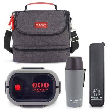 Imagem de Kit Refeições Vibe Jacki Design – Marmita, Garrafa Térmica E Bolsa Térmica 2 Compartimentos - Cinza Preto
