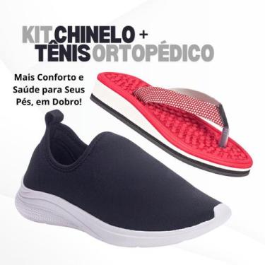 Imagem de Kit Tênis Feminino Casual Calce Fácil e Chinelo Ortopédico Para Esporã