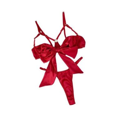 Imagem de Conjunto De Lingerie Sexy Feminina Em Cetim Com 3 Peças, Sutiã Com Laç