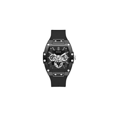 Imagem de GUESS Relógio masculino Trend multifuncional de 43 mm – mostrador preto com capa de policarbonato preto fosco e pulseira de silicone, Preto/prateado, Relógio de quartzo