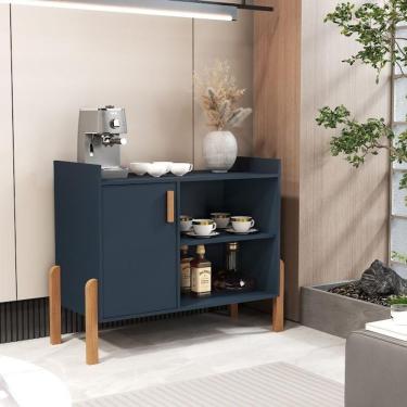 Imagem de Aparador Buffet Luxor Estilo Retrô Com Pés De Madeira E Porta Unica Azul