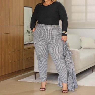 Imagem de Calça Cargo Feminino Plus Size Tamanho Grande Social Xadrez Casual Ele