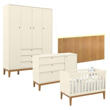 Imagem de Quarto de Bebê Unique 4 Portas 3 Gavetas em MDF 154 cm Off White Eco Wood com Cômoda e Painel Matic