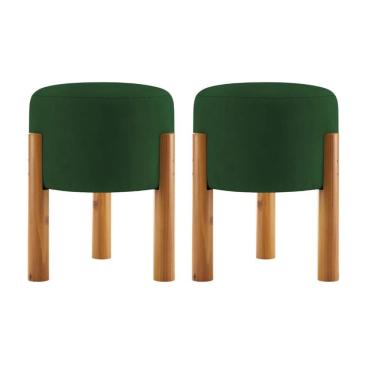 Imagem de Kit 2 Puff Estofado Redondo Tecido Suede Banqueta Elegante Verde Musgo OEM