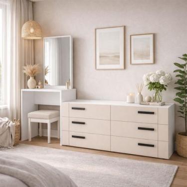 Imagem de Cômoda Lisboa 6 Gavetas com Espelho Creme/Branco - Politorno, Bege Cla