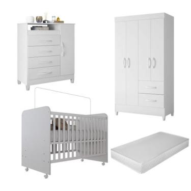 Imagem de Quarto Bebê Completo Guarda Roupa Cômoda Berço Rodinhas Colchão - N&E 