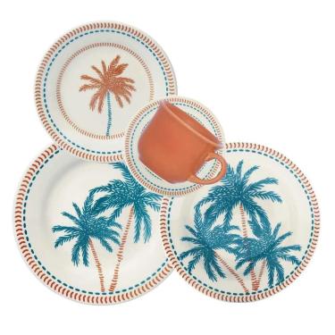 Imagem de Aparelho de Jantar 30 Peças Donna Caribe Cerâmica Resistente a Micro-ondas e Lava-louças Branco Azul e Laranja Oxford