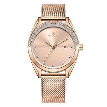 Imagem de NAVIFORCE Relógio de pulso analógico feminino de aço inoxidável com data de diamante, à prova d'água, RG, M