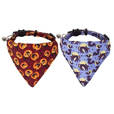 Imagem de Coleiras de gato de Halloween Breakaway com bandana removível, pacote com 2 alças ajustáveis de gato com padrão de abóbora, coleira bandana de gato para gatinhos (marrom e roxo)