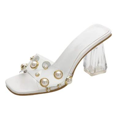 Imagem de Sapatos femininos transparentes de salto grosso sem salto perolado vestido de noiva 8 cm de trabalho praia lazer sandálias, Transparente., 12
