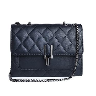 Imagem de Bolsa tiracolo feminina com aba superior acolchoada e moderna de couro com alça de corrente, Preto