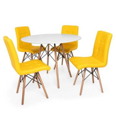 Imagem de Kit Mesa Jantar Eiffel 120cm Branca + 04 Cadeiras Gomos - Amarela - Ma