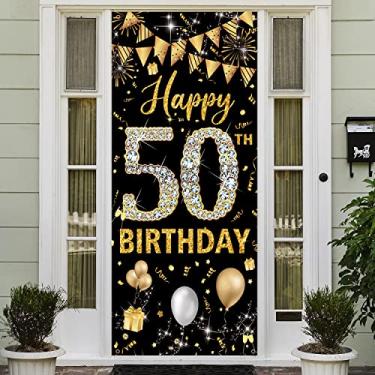 Imagem de Banner de porta decorações de aniversário de 50 anos, decoração de feliz aniversário de 50 anos de idade para mulheres, homens, capa de porta, pôster decorativo, pano de fundo para fotos de festa de aniversário de 50 anos, tecido 1,9 m x 0,9 m PHXEY