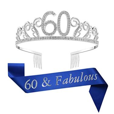 Imagem de Tiara de aniversário de 60 anos e faixa azul glitter cetim faixa cristal strass coroa para festa de aniversário de 60 anos suprimentos lembranças decorações topo de bolo de aniversário
