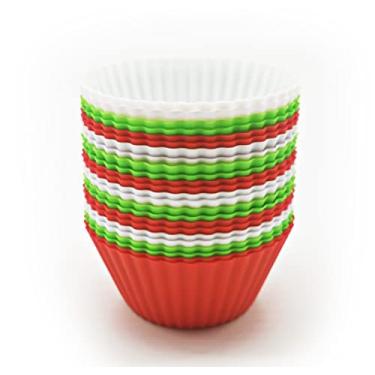 Imagem de 24 peças de silicone para cupcake, reutilizáveis – branco, vermelho, verde – livre de BPA – pode ir à lava-louças